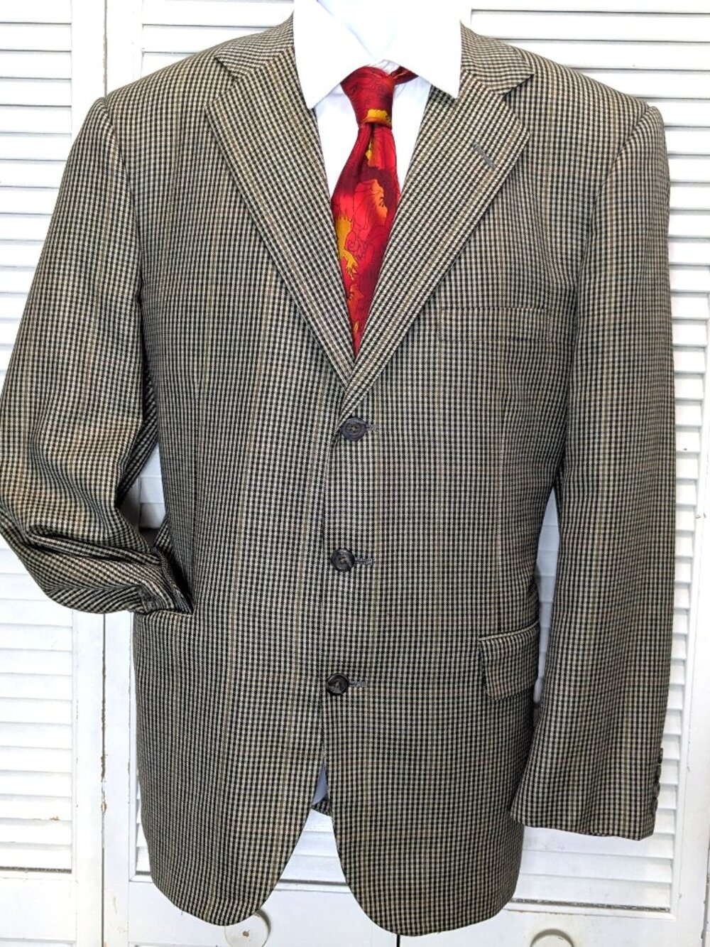 TOM JAMES Bespoke Blazer Sport Coat Mens 44R Brown Chestnut Houndstooth Plaid